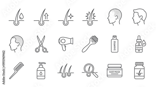 Hair care and scalp treatment line icons set with male profile, hair follicles, shampoo and serum on white background, concept for alopecia therapy, dermatology clinic and salon branding