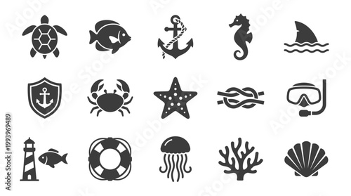 Flat black nautical icons set featuring turtle, anchor, crab, starfish, lighthouse and seashell on white background, concept for marine exploration, nautical branding and underwater graphics