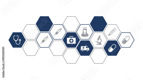 Medical healthcare icons arranged in hexagonal blue and white grid pattern on white background, concept for pharmaceutical industry presentation, hospital digital signage and clinical research website