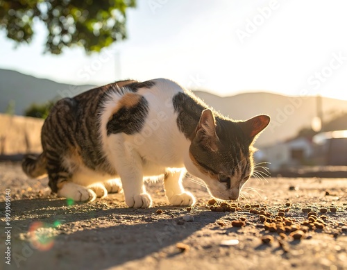 A curious cat sniffs the ground outdoors in sunlight