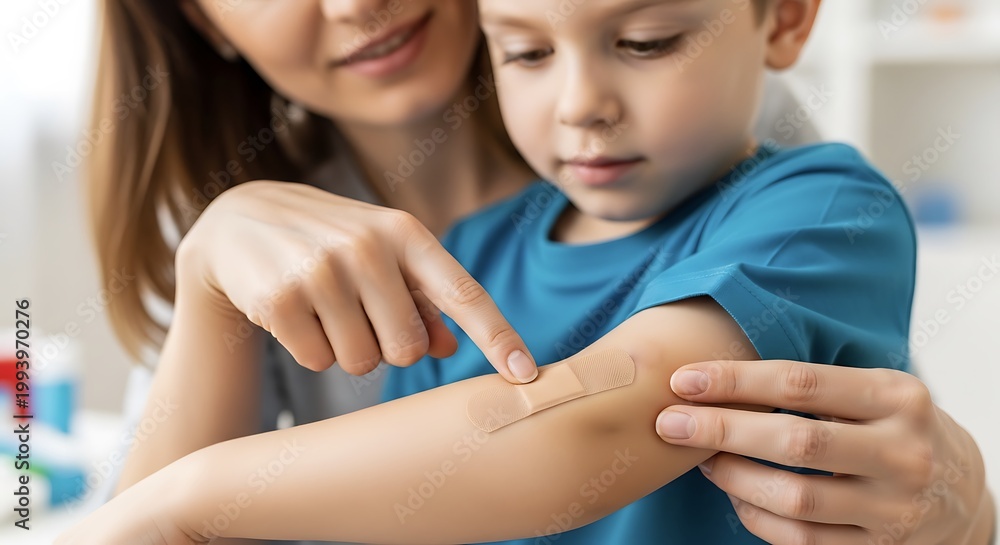 Fototapeta premium After mother applying adhesive plaster bandage on childen kid arm wound he point finger to adhesive plaster, medicine care