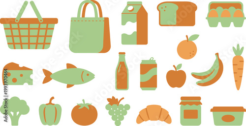 A diverse collection of modern flat vector icons representing various groceries and essential food items for shopping