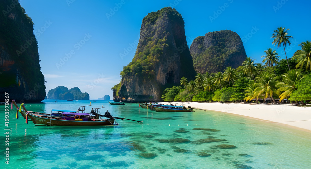 Obraz premium Serene tropical beach with longtail boats on clear turquoise water, majestic limestone cliffs, and lush palm trees, an idyllic island getaway