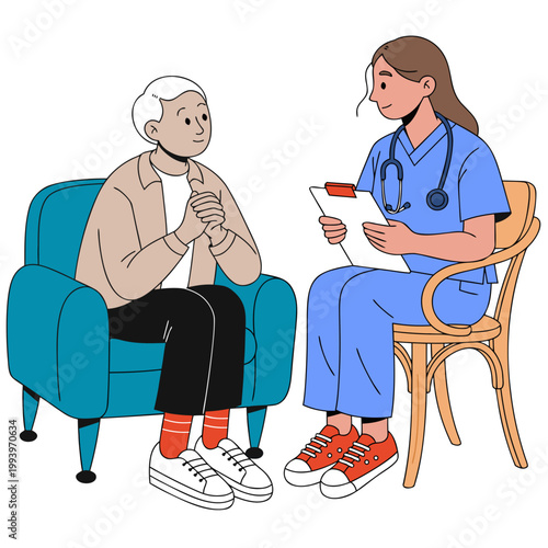 A digital illustration of a female nurse in blue scrubs with a stethoscope talking to an elderly man sitting in a teal armchair. The nurse is holding a clipboard while the man listens attentively.