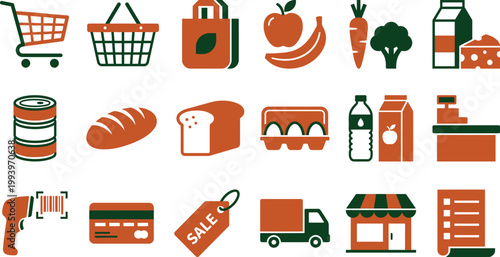 Collection of grocery shopping icons representing essential supermarket items and services for customers
