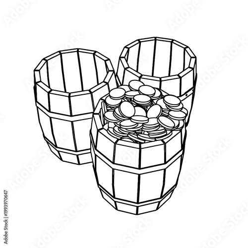 Outline for Coloring of One Wooden Old Vintage filled by Gold Coins and Two Empty Barrels. Vector Illustration.