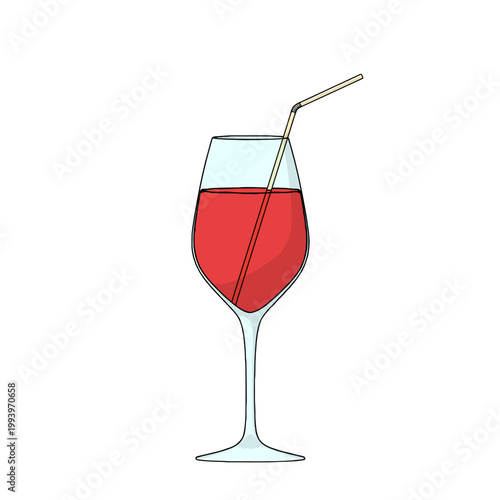 Cocktail Luxury Elegance Wine Glass with Wine and Straw on White Background. Vector Illustration.