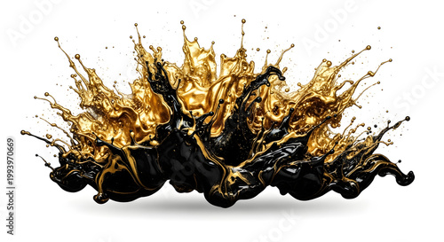 Dynamic Burst of Liquid Gold and Black Splashes An Abstract Fusion of Rich Colors and Energetic Movement on a Pristine White Background