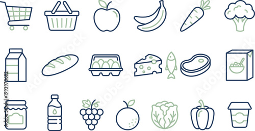 A diverse collection of modern two-tone line art icons depicting various popular grocery store items and shopping essentials.