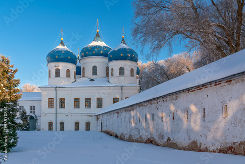 Cross Exaltation Cathedral of St. George (Yuriev) Monastery on a sunny winter day, Veliky Novgorod, Russia