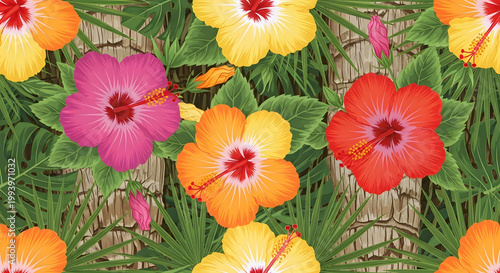 Vibrant tropical hibiscus flowers and lush green palm leaves create a beautiful seamless pattern, evoking a delightful summer paradise, perfect for various creative design projects and backgrounds