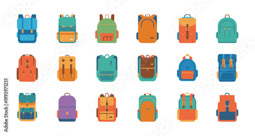 Modern rucksack icons set featuring various colors and designs for students and travelers flat vector graphics pack.