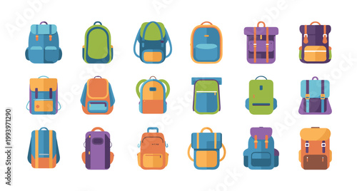 Diverse backpack flat vector illustrations for camping and education purposes different styles of colorful rucksacks.