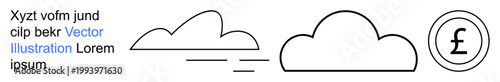 Weather iconography, finance concepts, economic forecasting, cloud computing, savings, currency exchange. Minimalist cloud shapes and a pound currency symbol. Weather and finance concepts
