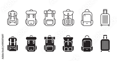 Backpack and luggage icon set featuring various styles for travel hiking and school line art and solid glyph design.