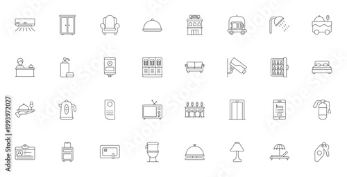 Hotel icon set. Vector illustration of hospitality symbols including bed, elevator, swimming pool, luggage cart, reception, minibar, air conditioner and more.