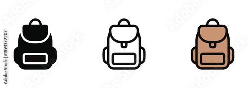 Casual backpack icon three styles solid black outline and brown for daily use.