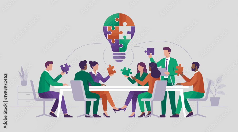 Fototapeta premium Project managers collaborating at a table to assemble puzzle pieces into a light bulb illustration, concept for creative brainstorming, corporate problem solving and team partnership