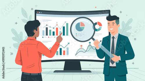 Professional data analyst and financial manager analyzing growth charts on monitor screen with magnifying glass, concept for market research, business strategy and data analytics