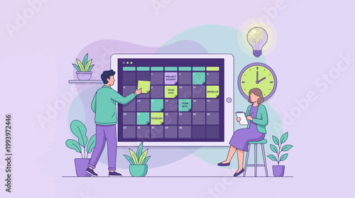Project manager and administrative assistant organizing work tasks on a digital tablet calendar with sticky notes, concept for project management, team scheduling and office productivity
