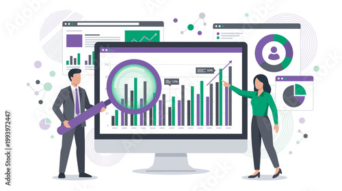 Professional data analyst and financial strategist examining growth charts on computer screen with magnifying glass, concept for business reporting, corporate analysis and market research