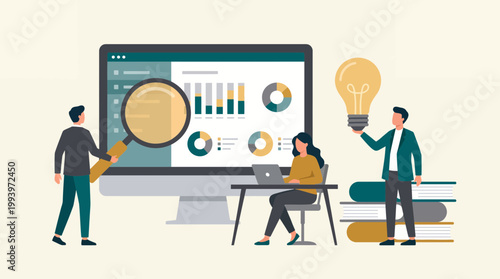 Team of data analysts and creative managers examining financial dashboard on computer monitor with magnifying glass and lightbulb, concept for business analytics, digital marketing and management