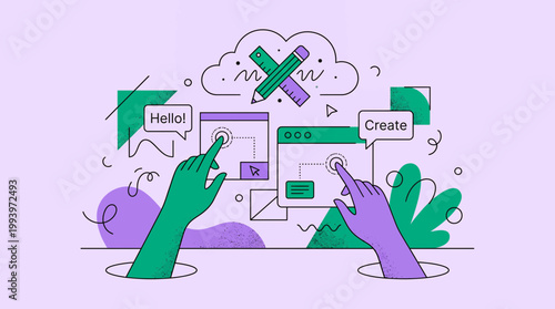 Creative designer hands interacting with digital interface web design elements and graphic tools in flat style, concept for software development, user interface prototyping and branding agency