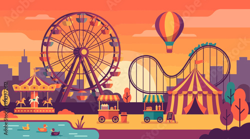 Vibrant amusement park vector with ferris wheel, roller coaster and circus tent at sunset city skyline, concept for vacation travel, family entertainment and carnival event advertisement