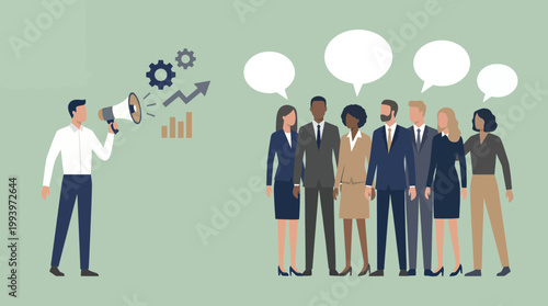 Male project manager with megaphone addressing diverse corporate employees with speech bubbles and growth icons, concept for leadership communication, team collaboration and marketing strategy