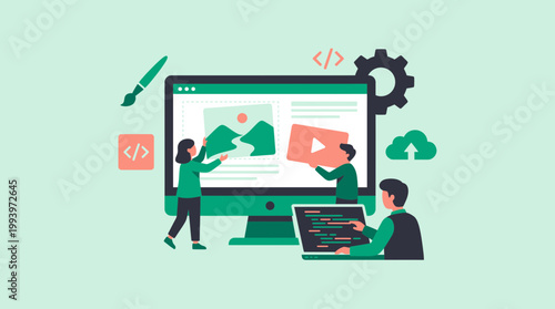 Web developer and graphic designer building a website interface on a large monitor screen, concept for digital marketing agency, professional web development and creative content management