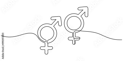 Continuous line drawing of two gender symbols representing the masculine and feminine icons in a simple style art Vector, illustration