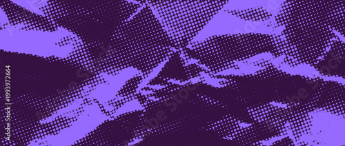 Purple halftone crumpled paper background. Dotted creased paper page wallpaper. Rough comic wrinkled texture. Colorful cartoon pop art crumpled surface overlay. Aged grunge damaged page sheet. Vector