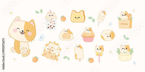 Cute cat cafe collection with dessert and drinks clipart