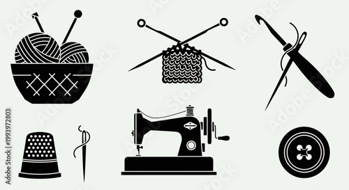 Black sewing and knitting icons on a light background