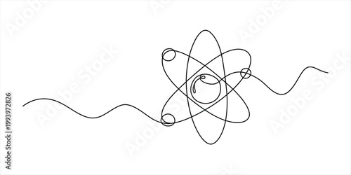A minimalist, continuous line drawing depicts an atomic structure with electrons orbiting a nucleus, representing scientific concepts and the interconnectedness of matter. Vector, illustration