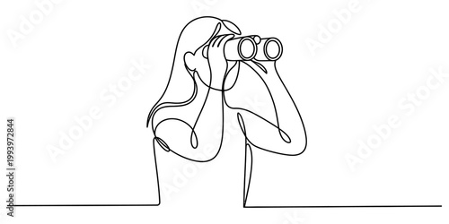 A continuous line drawing of a young woman looking through binoculars to see something far away in the distance. Vector, illustration