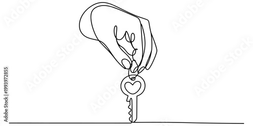 Foto Continuous line art of a human hand holding a key with a small heart symbol shaped in the middle of the handle