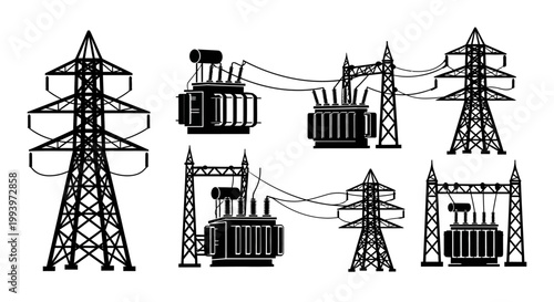 Black silhouette set of electrical substations and power towers