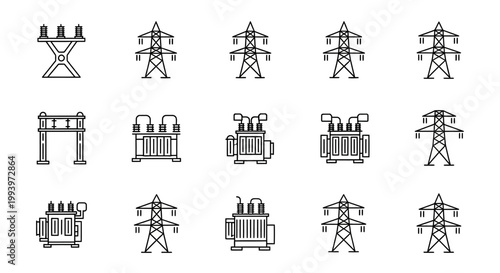 Power line towers and electrical transformers thin line icons