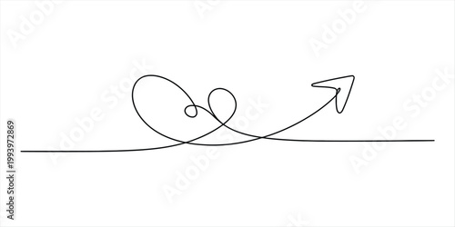 A single black line art drawing forms a looping heart shape that transforms into an upward-pointing arrow, symbolizing growth and direction. Vector, illustration