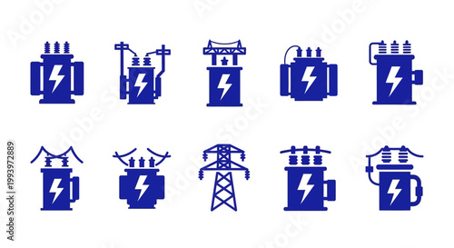 Electric transformer and power line icons in blue