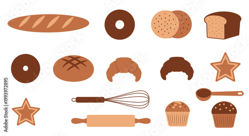 Flat design bakery icons in warm brown tones