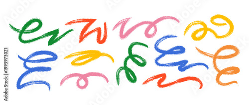 Colorful hand drawn organic line collection. Brush stroke squiggle shape set. Vector charcoal chalk serpentine streamers. Crayon curly wave element bundle. Wiggly scribble pack for party decor, poster