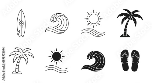 Summer beach icons set with surfboard, waves, sun, palm trees and flip flops