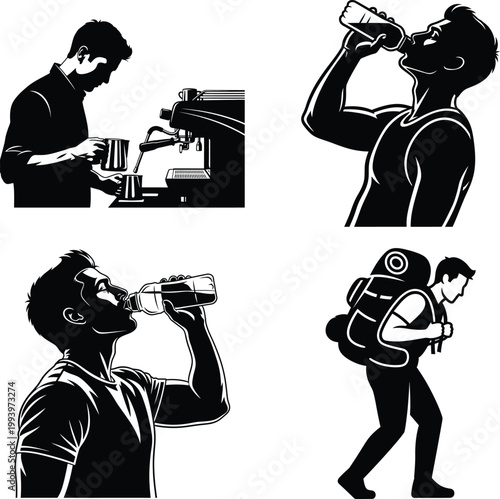 People Drinking Water Daily Life Activities Silhouette