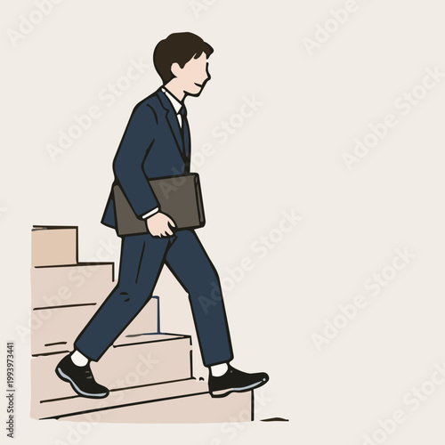 Businessman walking down stairs with documents, minimal hand drawn line illustration