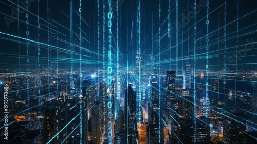 Futuristic cityscape at night with neon blue digital grid overlay