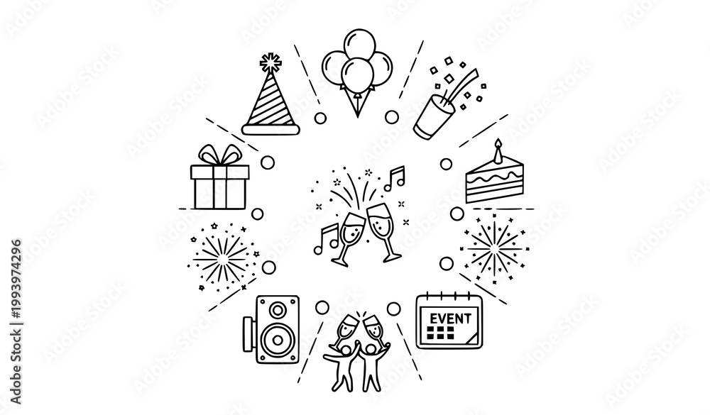 Fototapeta premium Circular party and celebration graphic design with hand drawn gift box party popper celebration circular