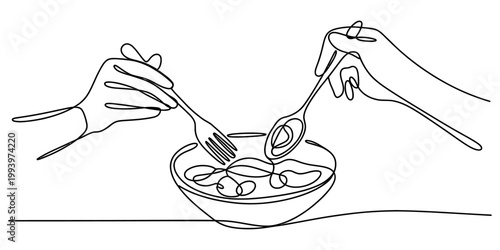 A single continuous line drawing of hands using a fork and spoon to eat food from a round bowl on a flat table. Vector, illustration