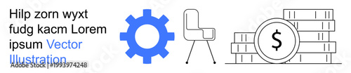 Productivity, business operations, finance planning, office tools, economic growth, workplace setup. Gear, chair coins as icons. Productivity and business operations concept